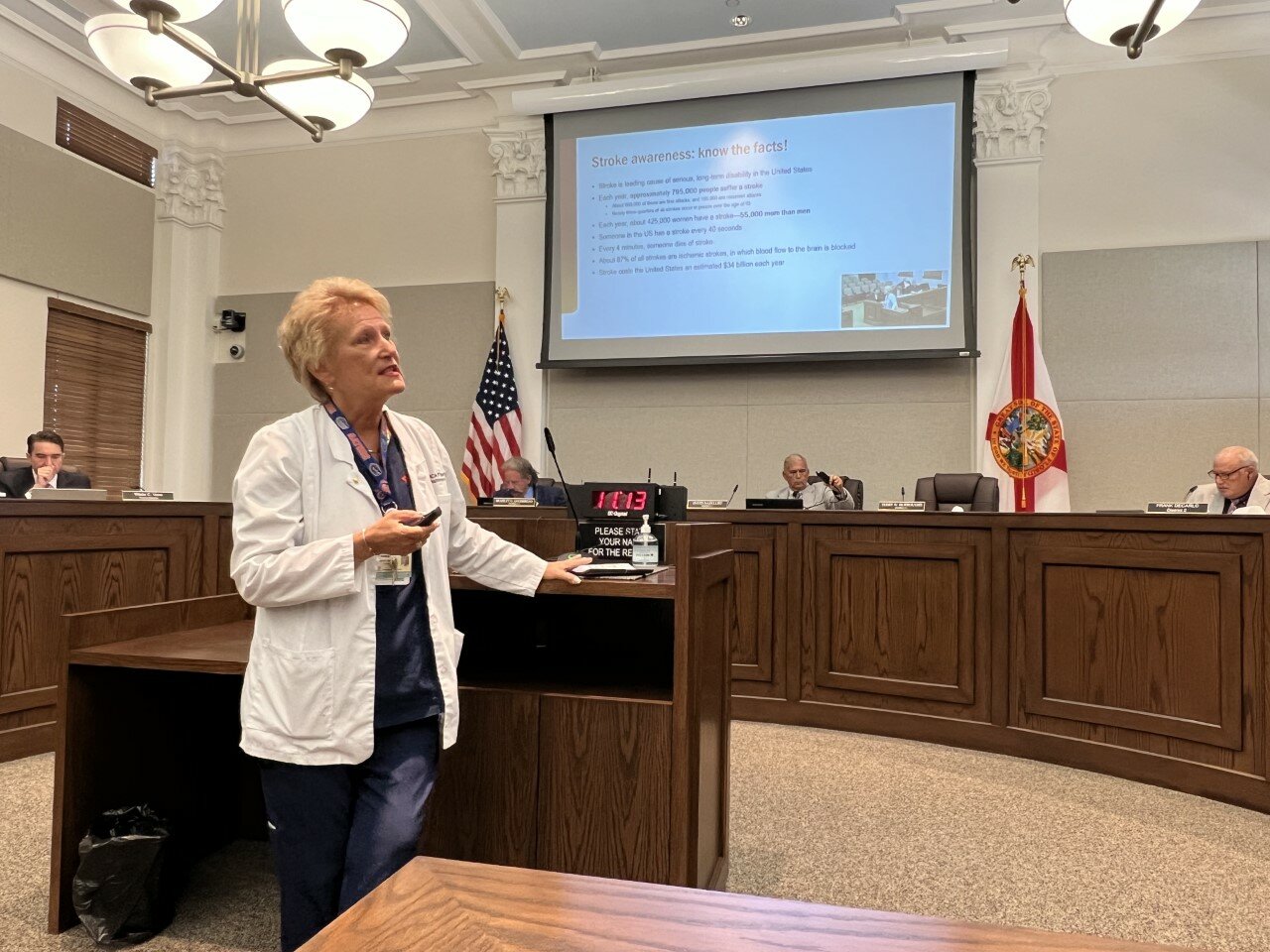 OKEECHOBEE  -- HCA Raulerson Hospital Emergency Management Director Kathleen Selby explained the signs of stroke at the May 11 meeting of the Okeechobee County Commission in the Historic Okeechobee County Courthouse.